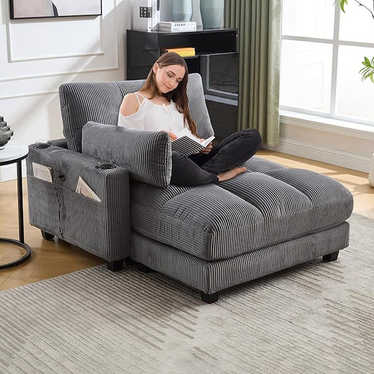 Oversized Lounge Chaise Convertible Sleeper Sofabed Corduroy Sleeper Daybed Indoor Recliner Chair Sofa Bed with Cupholders and Adjustable Headrests for Living Room Bedroom Reading Home Apartment