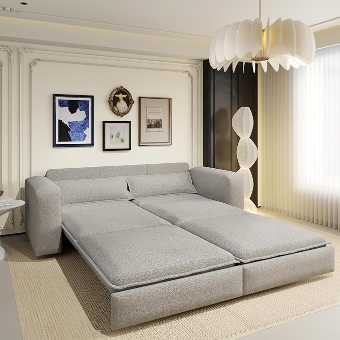 KEIKI 93 King Size Sleeper Sofa Bed 3 in 1 Convertible Sleeper Sofa Pull Out Sofa Bed 3 Seat Teddy Couch with 2 Lumbar Pillows for Living Room Apartment Office Studies Light Grey