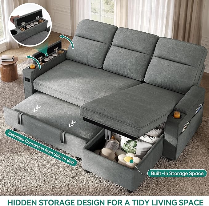 YITAHOME Convertible Sleeper Sofa with Adjustable Backrest &amp Pull Out Bed L-Shaped Sectional Sofa Bed with Armrest &amp USB Port Upholstered Sectional Couch for Living Room No-Tool Assembly G