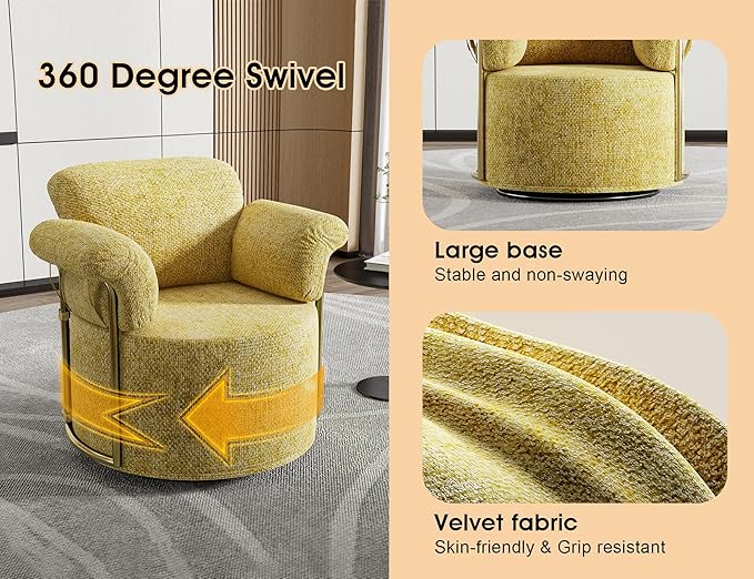 Swivel Accent Chair 360° Bouclé Barrel Chair with Sturdy Metal Frame Yellow Round Accent Chair with Deep Seat &amp Thick Armrests Soft Reading Lounge Chair for Bedroom Living Room Office