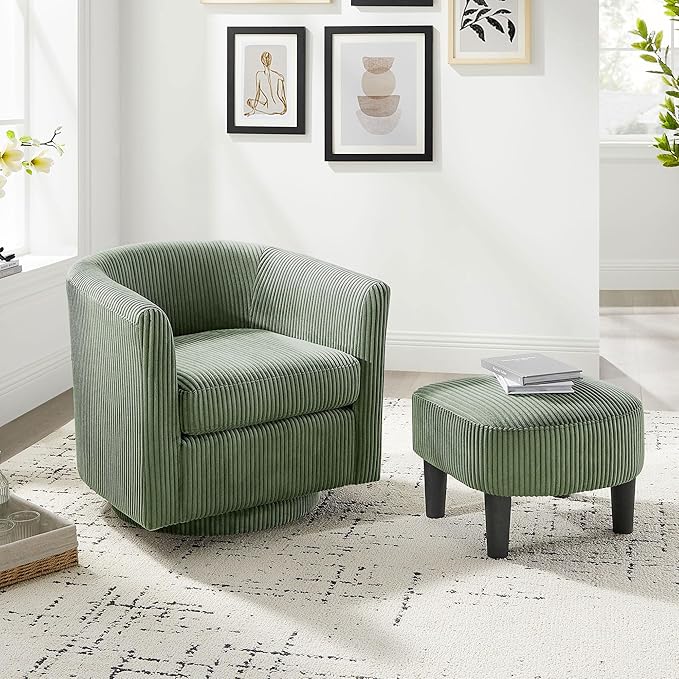 Swivel Accent Chair 360° Comfy Recliner Corduroy Arm Chair Single Sofa with Ottoman for Living Room Bedroom