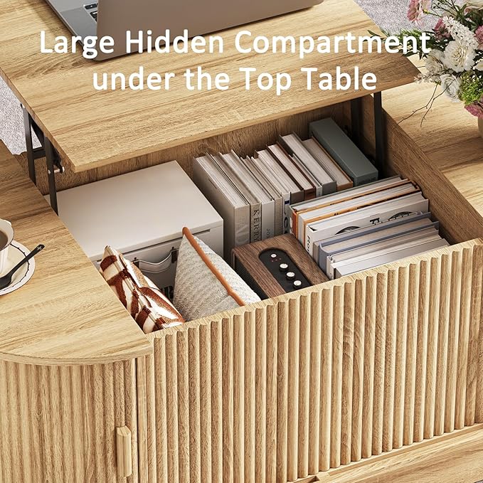 Fluted TV Stand and Coffee Table Set of 286.61'' TV Console for 55-85 InchModern Entertainment Center with Large Storage CabinetLift Top Coffee Table for Living Room Bedroom Natural