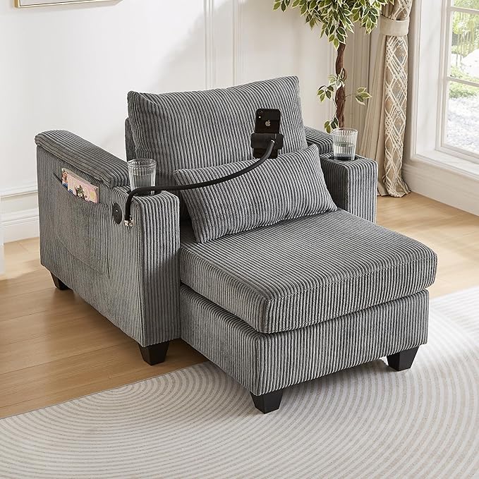 37.4 Versatile Chair Lounge Sleeper Daybed 2-in-1 Flexible Deep Seat Sofa Chair Convertible Recliner Chaise Lounge W/ Storage ArmsUSB PortsCupholdersPhone Holder Pockets for Living Room Bedroom
