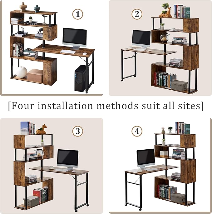 Home Office Computer Desk L-Shaped Corner Table Rotating Computer Table with 5-Tier Bookshelf Four Installation Methods Lockable Casters (Tiger)