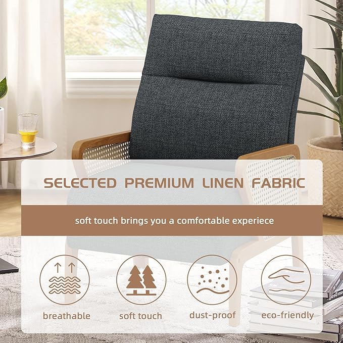 Alunaune Upholstered Living Room Chairs Accent Chair Armchair Natural Rattan Modern Slipper Club Chair Guest Reception Couch Comfy Single Sofa for Reading Bedroom-Dark Grey