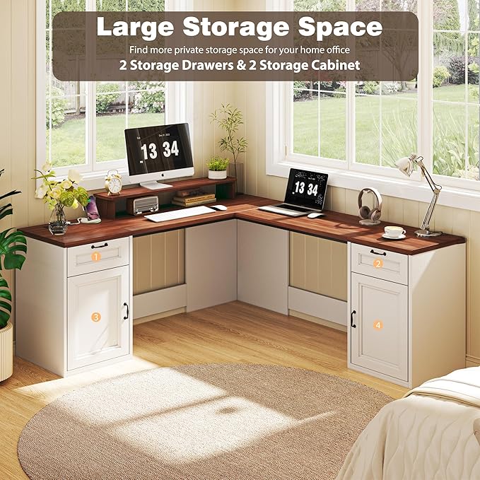 78 Farmhouse L Shaped Executive Desk with Drawers Modern Computer Desk with Power Outlets Office Writing Desk with Monitor Stand &amp Storage Cabinet Printer Shelf Antique White