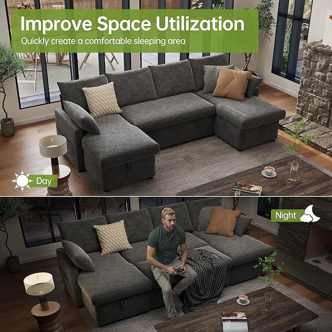 Real Relax 104'' Sofa Bed U Shaped Chenille Sleeper Sofa Couch with Pull Out Bed and Chaise Storage for Living Room Apartment and Office Dark Gray
