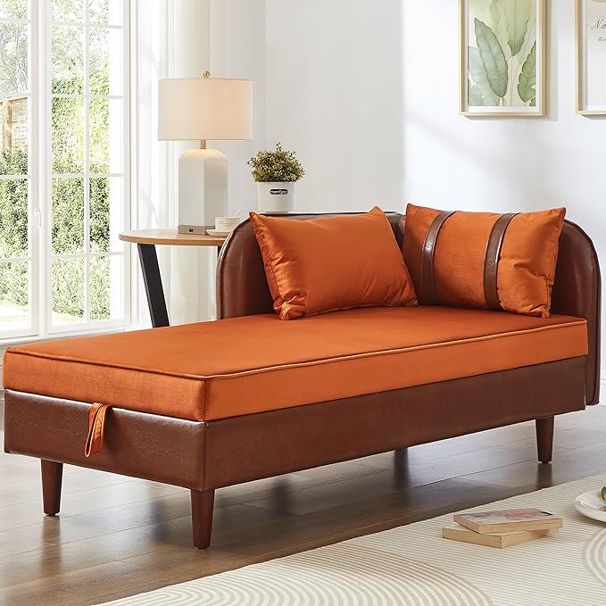 KEIKI PU Leather Chaise Lounge Chair Indoor Modern Leisure Sleeper Sofa Chair with Storage Accent Velvet Reading Couch Side Armchair Corner Arm Chairs for Living Room Bedroom Easy Assembly Brown
