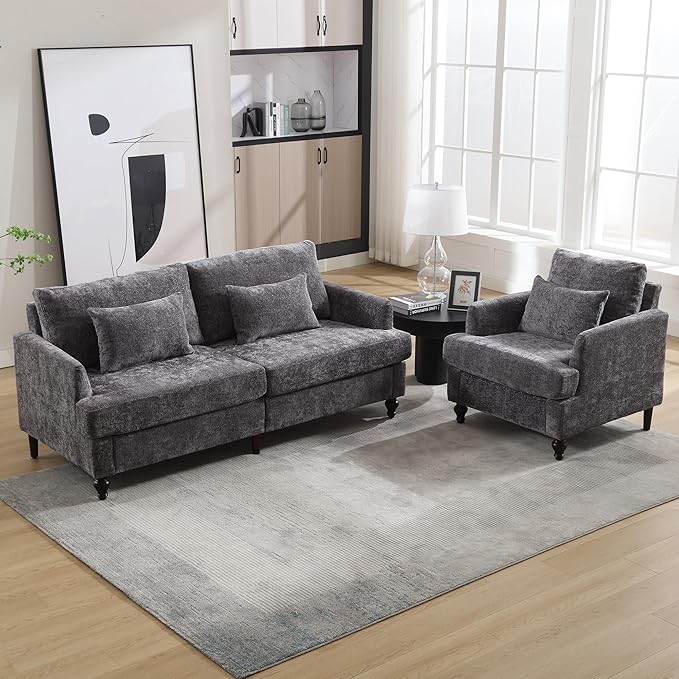 QQU Modern Upholstered Armchair Chenille Fabric Single Armchair with Cushions Living Room Lounge Chair Reading Chair with Solid Wood Frame Suitable for Bedroom Reception RoomGrey