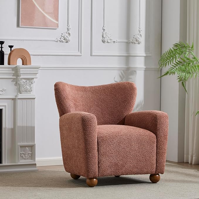 Christopher Knight Home Lindy Wingback Accent Chair Upholstered Armchair with Rounded Wooden Legs Curved Backrest Single Sofa Soft Cushion Seating Comfy Lounge Chair for Living Room Dusty Coral