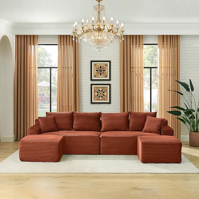 U-Shaped Cloud Sectional Couch Symmetrical Modular Compressed Boneless Sectional Sofa with Chaise Lounges Plush Corduroy Boneless Corner Sofa for Living Room