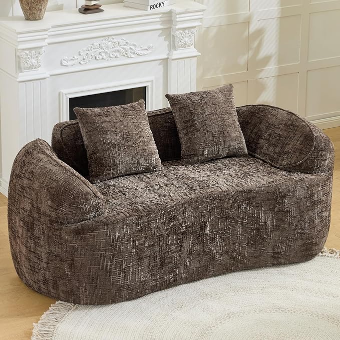 67 Curved Loveseat Sofa with 2 Pillows Modern Boneless Couch in a Box Small Cloud Loveseat for Bedroom Small Space Apartment Living Room Memory Foam Chenille No Assembly (Brown)