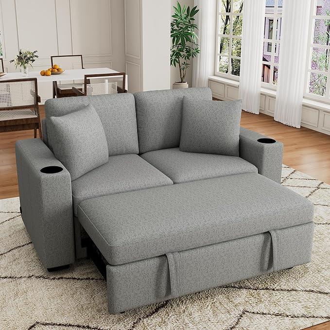 Convertible Pull-Out Sofa Bed 60.6 Modern Loveseat Sofa with Dual Cup Holders Removable Throw Pillows Chenille Fabric 2-Seater Sofa Chair for Living Room (Gray044)