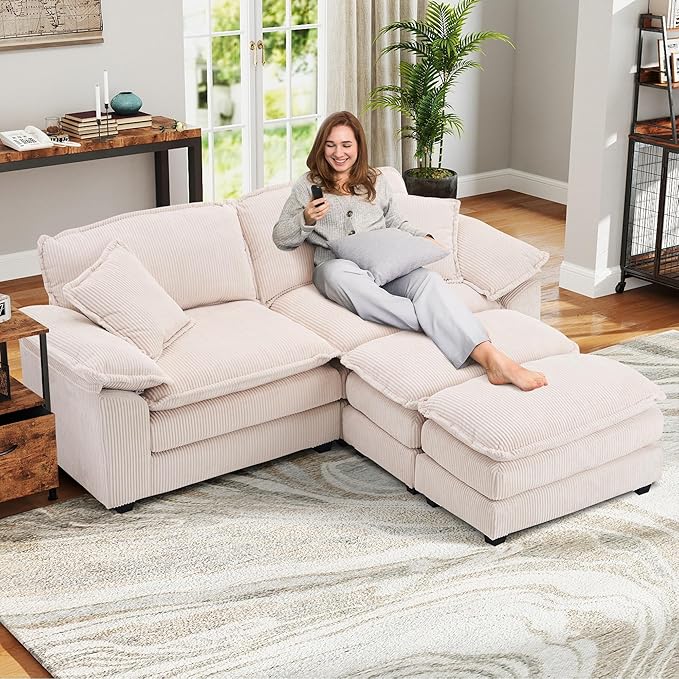 Corduroy Modular Cloud Sofa with Ottoman Comfy 2-Seater Sectional Loveseat Sleeper for Living Room Upholstered Deep Seat Modern Couch &amp 2 Throw Pillows and Detachable Armrest (Off White)