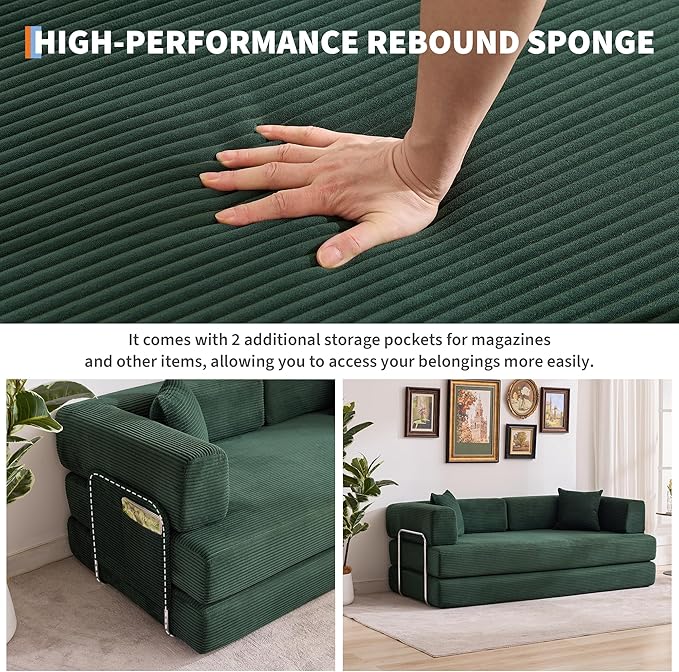 Convertible Sleeper Sofa Bed 78.8 Floor Sofa Bed 5-in-1 Folding Mattress Couch Loveseat with Fixed-Shape Frame Pillow Corduroy Fabric for Living Room Bedroom Lounge Dark Green