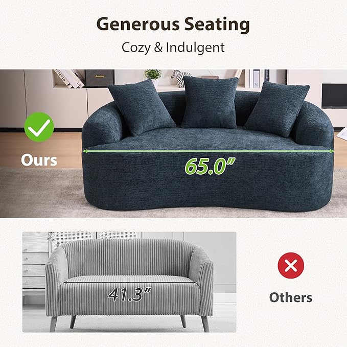 DEINPPA 65'' Modern Small Loveseat Sofa Chenille Upholstered Couch Space-Saving Design Plush Comfort Sofa with 3 Pillows No Assembly Needed for Small Spaces Living Room ApartmentBlue | Lasting S