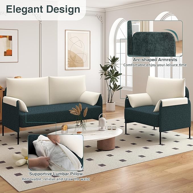 LSSPAID Upholstered Sofa Set for Living Room 2-Piece Loveseat &amp Armchair with Metal Legs Modern Accent Furniture for Apartment Office Small Space Dark Green