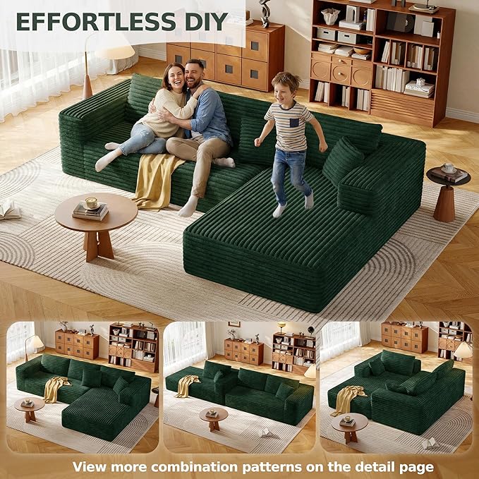 108.2 Modular Sectional Sofa with Deep Seat Boneless L Shaped Corduroy Couch Modern Comfort Cloud Couch Oversized for Living Room No Assembly (Right Facing ChaiseGreen)
