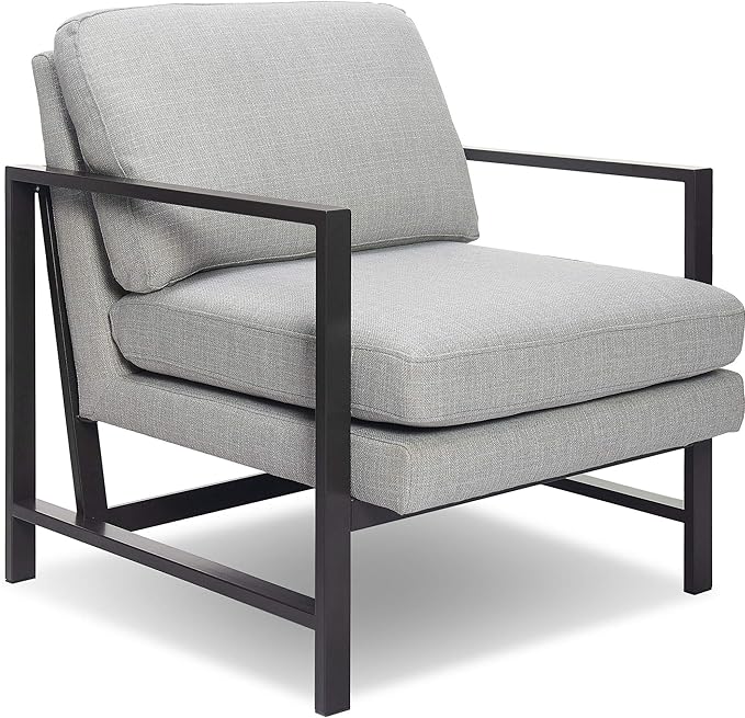 Tommy Hilfiger Russell AccentChair Medium-Soft Pillow Back Mid-Century Modern &amp Industrial Armchair Comfortable LoungeChair for Living Room Bedroom or Office Gray Square Metal Frame in Light
