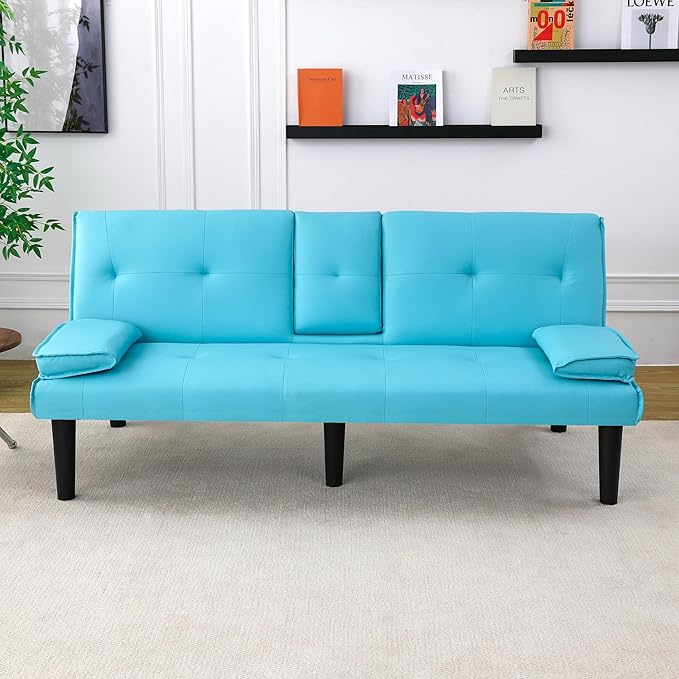 KEIKI 3 in 1 Convertible Sleeper Sofa Bed with Cup Holder Futon Sofa Bed for Living Room Dorm or Home Office Blue