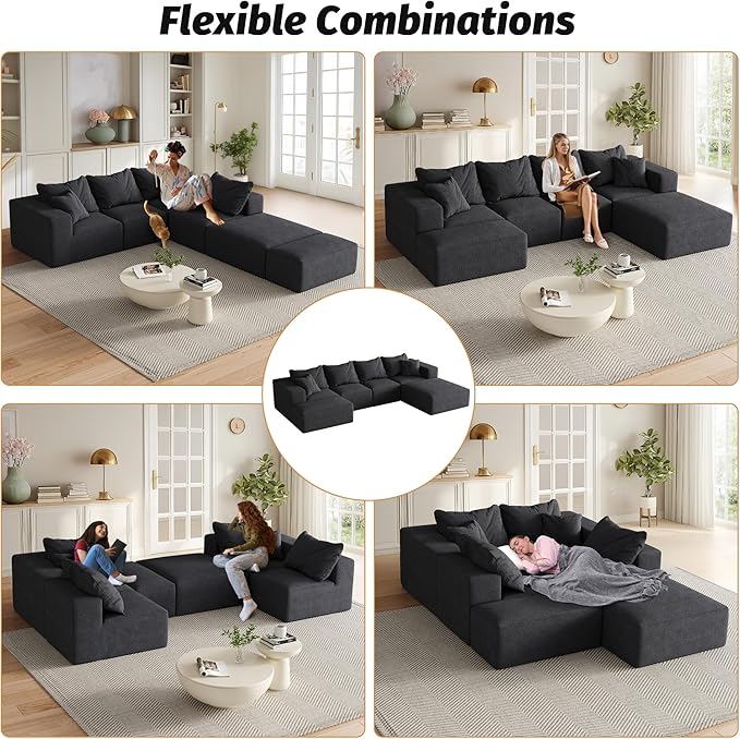 Modular Sectional Couches for Living Room Oversized L Shaped Sleeper Sofa Bed with Ottoman Chenille No Assembly Required (Minimalist Black)