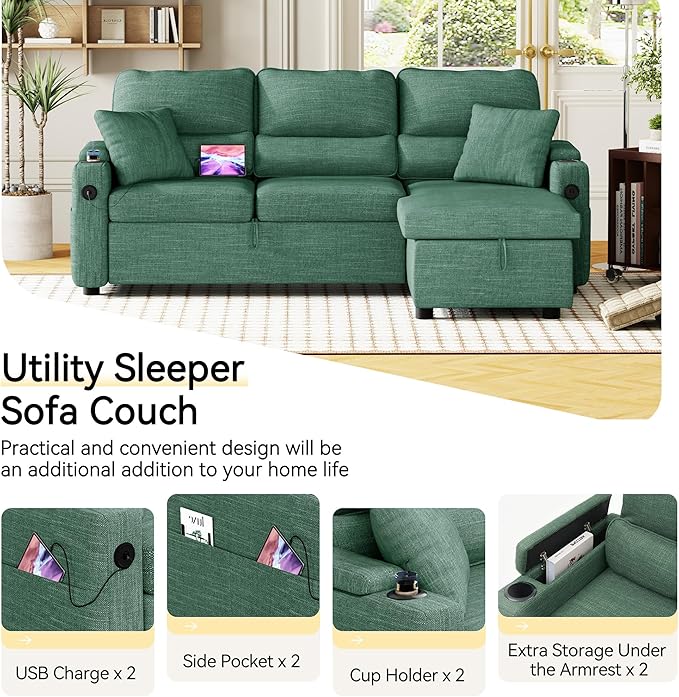 Pull Out Couch L Shaped Convertible Sleeper Sofa Bed with Hidden Storage for Living Room Apartment 3-in-1 Linen Sectional with Side Pocket Charging Station Cup Holder (Green)