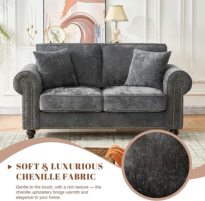 TTK 63 Modern 2-Seater Sofa with Rolled Arms Chenille Upholstered Loveseat Couch with Sturdy Wood Legs and Elegant Nailhead Trim Comfortable Small Sofa for Living Room Bedroom or Apartment Gray