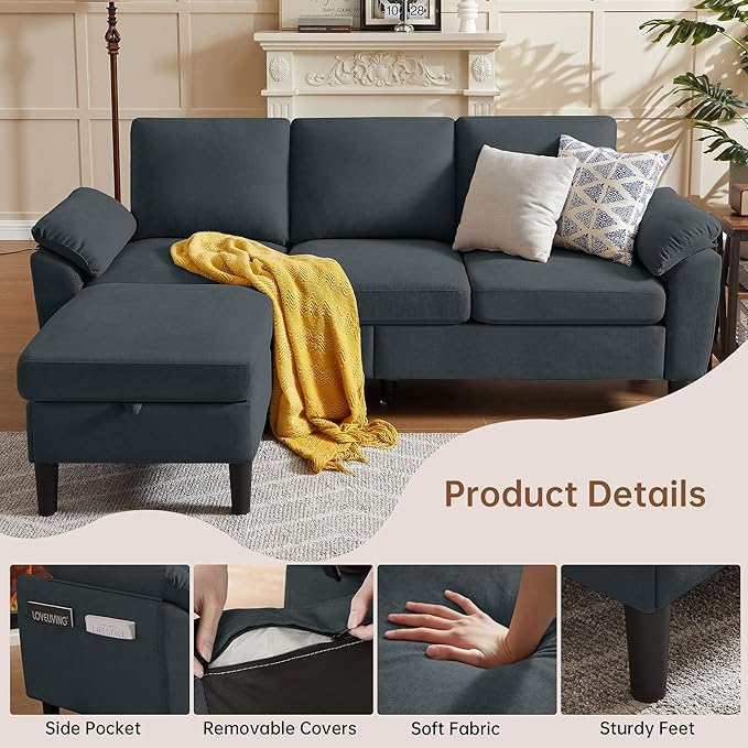 Sectional Sofa82 L Shaped 3 Seater Couch with Movable Ottoman Armrest Pillow Polyster Fabre for Small Spaces Dark Grey