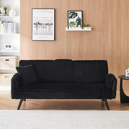 72'' Fabric Loveseat Sofa Comfy Corduroy Couch with 2 Embedded Teacup Holders 2 Seater Sofa with Adjustable Backrest Modern Small Convertible Futon Sofa Bed for Living Room Apartment (Black)