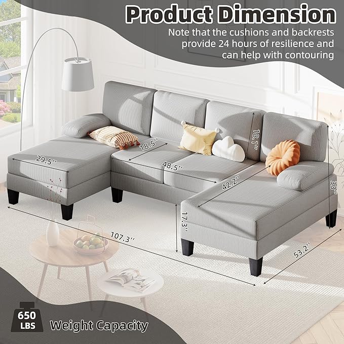 Bezseller 107.3 Sectional Couches for Living Room U Shaped Modular Sofa Couch with Cushion &amp Corduroy Fabric 4-Seat Comfy Furniture Sets with Double Chaise for Apartment Reception Room Grey