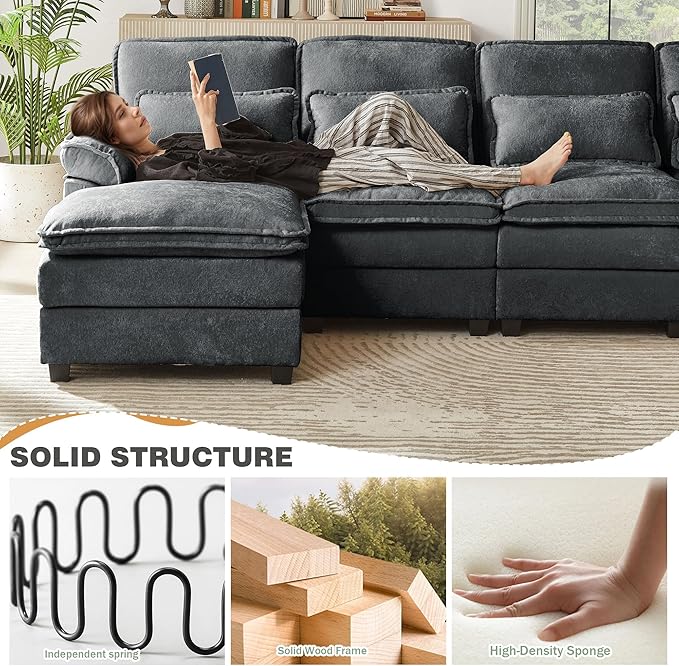 112 Modular Sectional Sofa U Shaped Comfy Cloud Couch with Double Chaise and Padded Armrests Modern Deep Seat Sectional Couches for Living Room Apartment Office Dark Grey