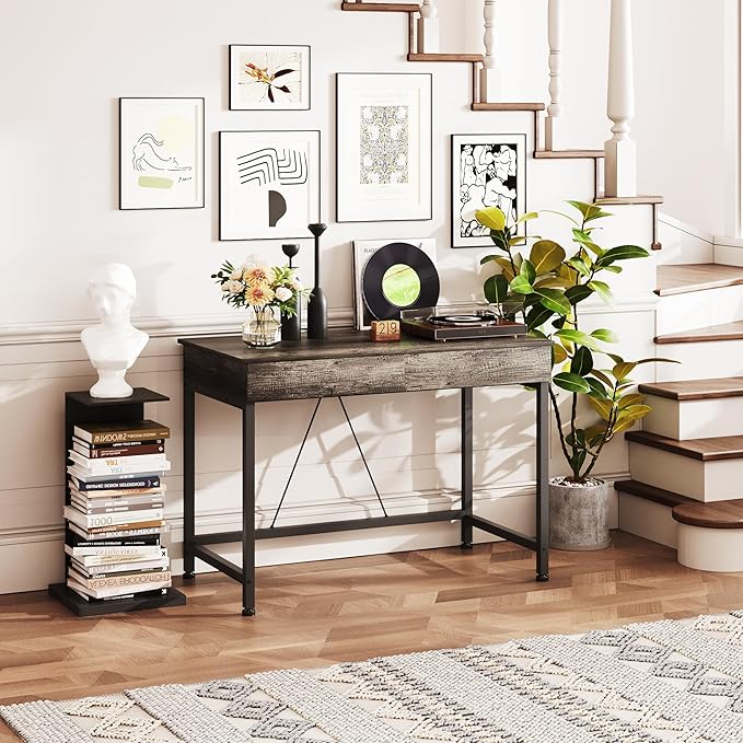 Mexin Small Desk with 2 Wooden Drawers 40 Inch Home Office Writing Desk Vanity Desk with Storage Computer Desk for Bedroom Small Spaces Table for Office Work Kids Study Makeup Gray Oak