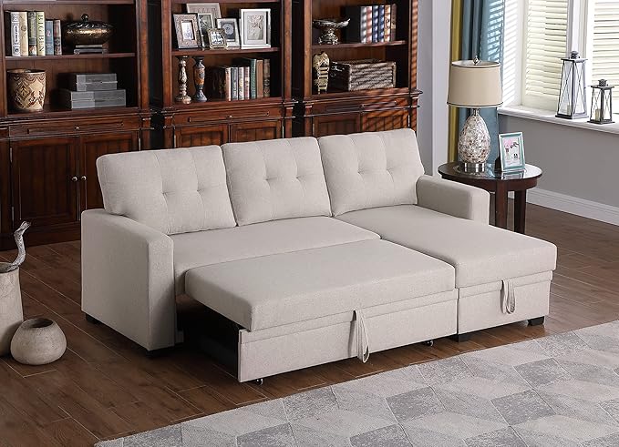 ACQCA 82 L-Shape Sleeper Sectional Sofa with Storage Chaise and Pull-Out BedConvertible Sofa Bed Sectional Couch for Living RoomApartmentOfficeBeige