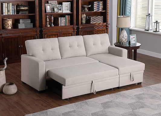 ACQCA 82 L-Shape Sleeper Sectional Sofa with Storage Chaise and Pull-Out BedConvertible Sofa Bed Sectional Couch for Living RoomApartmentOfficeBeige