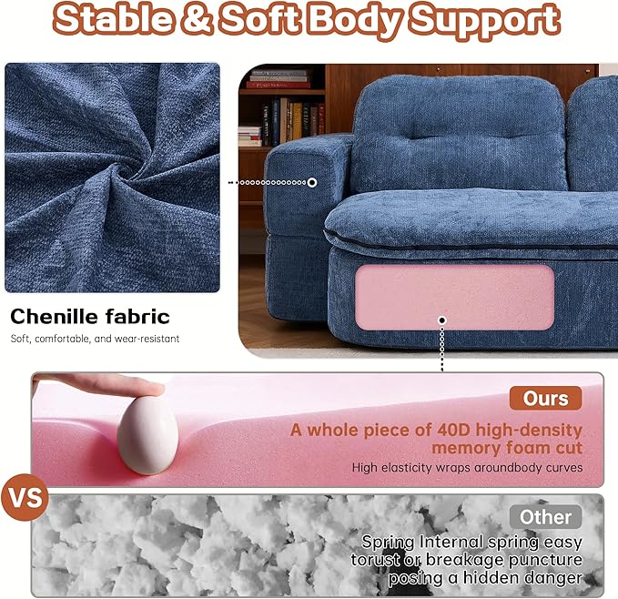 Modern Floor Sofa with 2 PillowsConvertible Chenille Foam-Filled Sleeper Sofa Bed no Assembly RequiredConvertible Sofa Couch BedFolding Mattress for Living Room (Chenille Dark Blue)