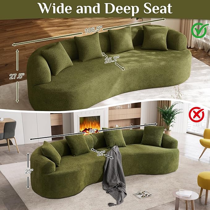 107 Curved Sofa for Living Room Modern Chenille Cloud Couch Sofa Luxury Plush Extra Deep 4-Seater Oversized Boucle Couch for Small Spaces Apartment‌ No Assembly Required Green