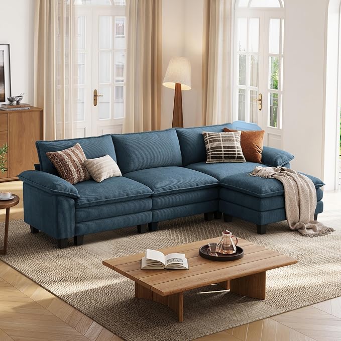 LINSY HOME 123'' Modular Sectional Sofa Blue Couch Corduroy Cloud Couches for Living Room L Shaped Couch with Movable Ottoman Modern Cloud Sectional Sofas for Bedroom and Apartment Blue