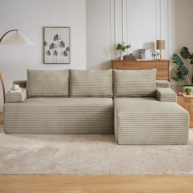 Modern Corduroy Modular Sectional Sofa96.1 Minimalist Style L-Shaped 3 Seat Couch with Side Storage PocketsComfortable Chaise Lounge for Living RoomReception AreaCamel Right Chaise Lounge