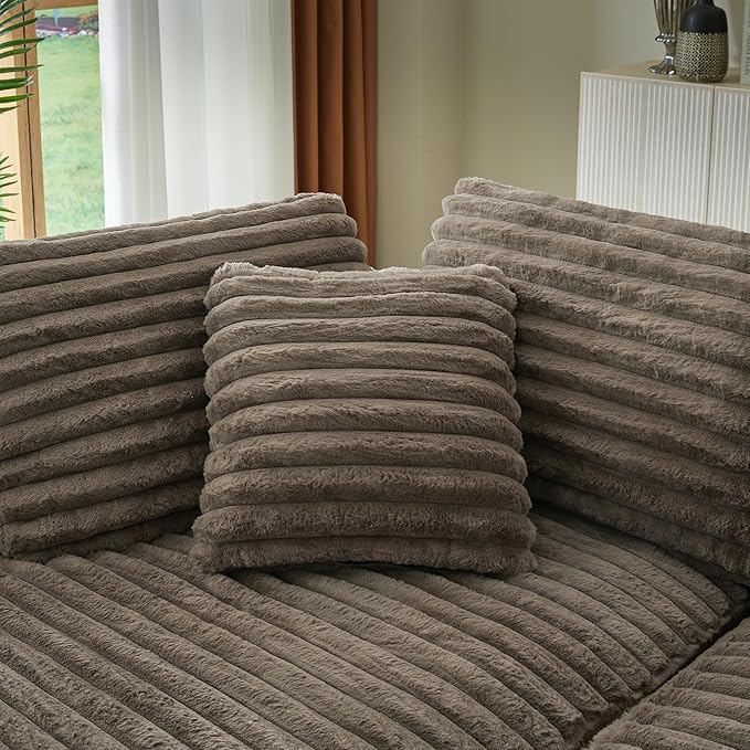 Modern Boneless Curved Sectional Sofa Oversized Minimalist L-Shape Corduroy Sponge Sofa with Round Chaise Comfy Sleeper Couch for Living Room Apartment Reception Spaces 4 Seat Brown Left Chaise