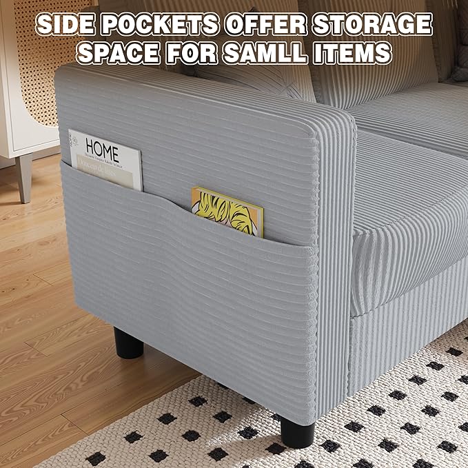 JAMFLY Convertible L-Shaped Sectional Sofa with Reversible Storage Ottoman 3-Seat Couch with Side Pockets Modern Compact Furniture for Small Apartments Studios &amp Lofts Light Grey
