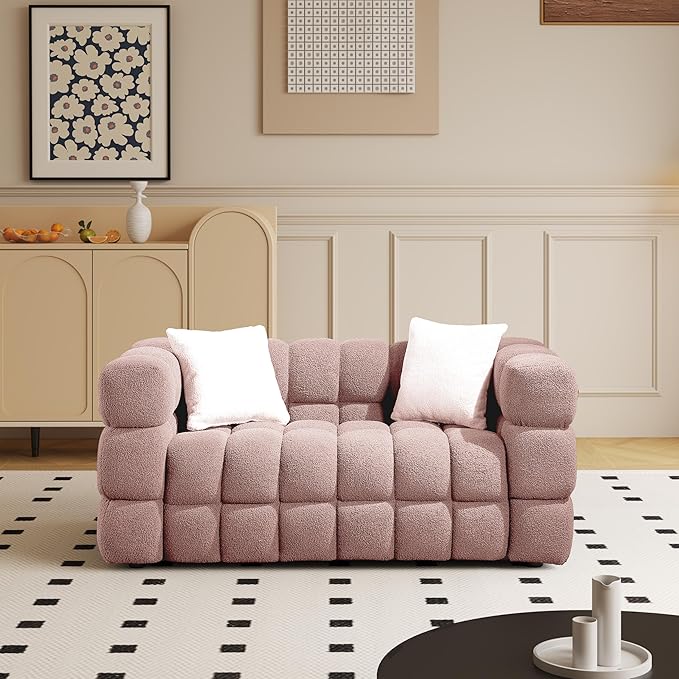 Modern Boucle Loveseat Couch for Living Room 61'' Sherpa Upholstered Sofa Couch Comfy Cloud Deep Seat Sofa Luxury Minimalist Plush Fluffy Couch for Small Apartment Office 2 Pillows Pink