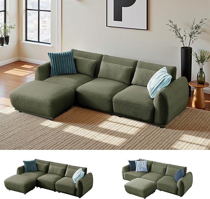 Sectional Sofa Couch Modern U Shaped Sectional Couch with Ottoman Modular Sectional Sofa Cloud Couches for Living Room (Green 3 Set + 1 Ottoman)
