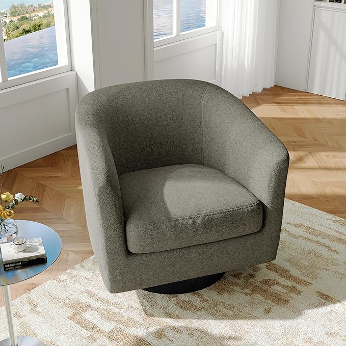 Swivel Barrel Accent Chair Modern 360° Swivel Round Barrel Chairs with Curve Back Upholstered Chenille Fabric Armchair Single Sofa Club Chair for Living Room Bedroom Tan
