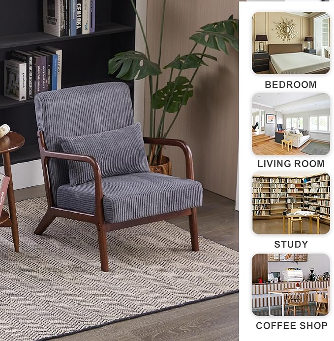 Mid-Century Modern Accent Chair with Throw Pillow Upholstered Fabric Armchair Solid Wood Frame Reading Chair for Living RoomBedroomReadingBalcony (Dark Grey &amp Walnut)