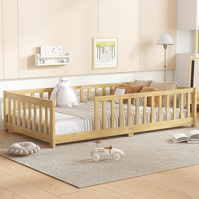 Bellemave Twin Floor Bed with Slats and Safety Guardrails Kids Montessori Floor Beds with Fence and Without Door Easy Assemble Floor Bed for Kids Girls Boys Natural