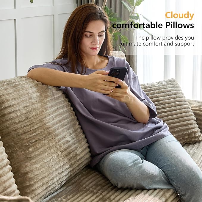 104 L-Shaped Cloud Sectional Sofa with Oversized Chaise Modular 3-Seater Corduroy Couch for Living Room &amp Bedroom Deep Seat No Assembly Required (Camel L Shape with Left FacingChaise)