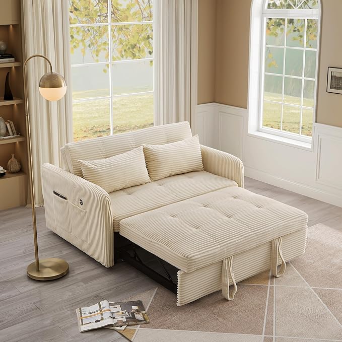 55.5 Corduroy Convertible Sofa Bed Pull Out Sleeper Sofa Bed Loveseat Couch with USB Charging Ports 3 in 1 Convertible Sleeper Sofa Bed for Living Room Apartment Bedroom RV Beige