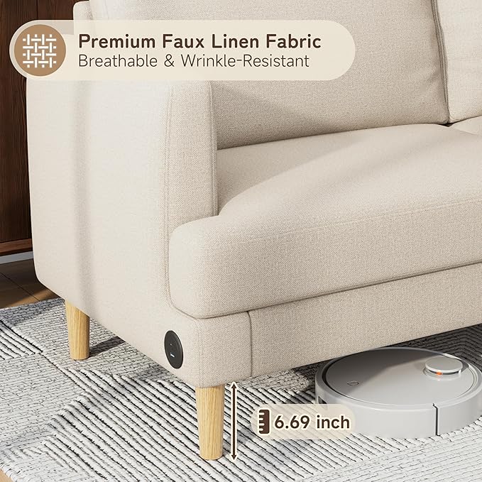 70 Modern Loveseat Sofa with USB Type-C Ports Linen Fabric 2-Seater Deep Seat Couch Cozy Small Couch Sofa for Living Room Bedroom Office Apartment (Beige)