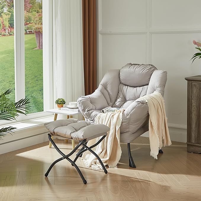 HollyHOME Lazy Chair with Foldable Ottoman Accent Comfy Lounge Armchair and Folding Footrest Stool Leisure Sofa Reading Chair and Footstool for Living Room Bedroom DormTextured Grey