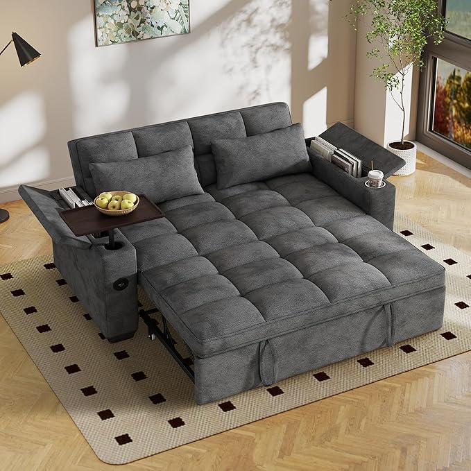 65'' Sleeper Sofa with Pull Out Bed 3 in 1 Convertible Sofa with Cup Holder and Storage Armrests Chenille Loveseat with Swivel Table Adjustable Backrest &amp Charging Ports for Living Room Grey